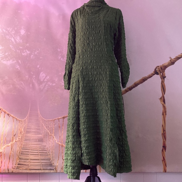 IC Collection Bubble Check Pucker Woven Mock Neck 3/4 Sleeve Dress HUNTER GREEN - Picture 8 of 9